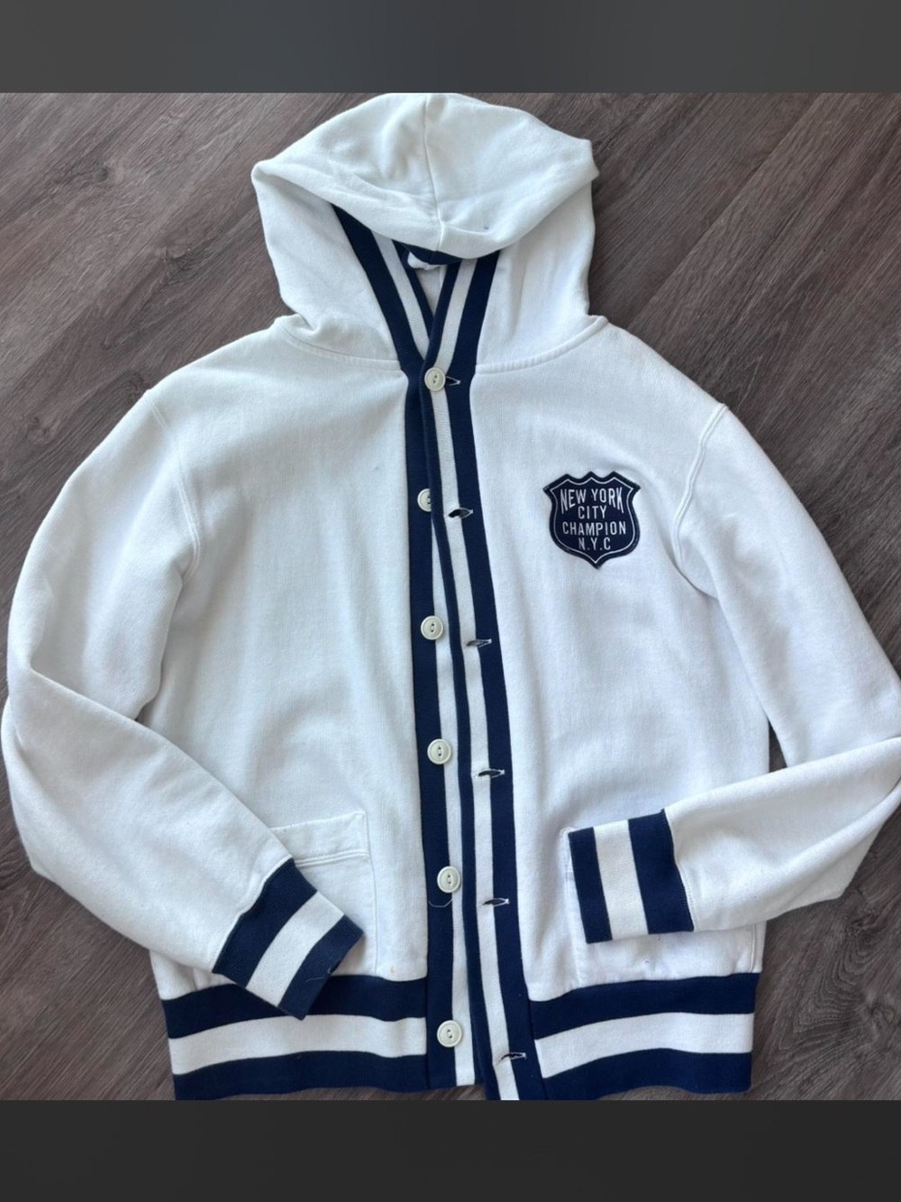 White Hooded Sweater/Jacket with Navy Stripe Trim